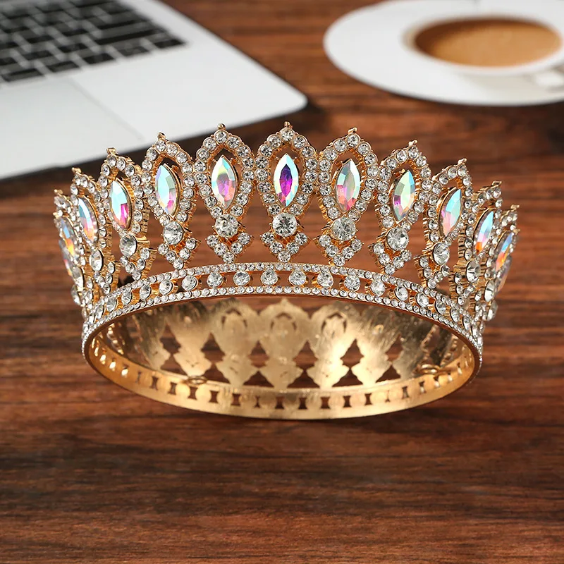 Corona da sposa transfrontaliera Copricapo barocco a cerchio intero in stile europeo, lussuosa decorazione in cristallo, imperiale rotondo pesante