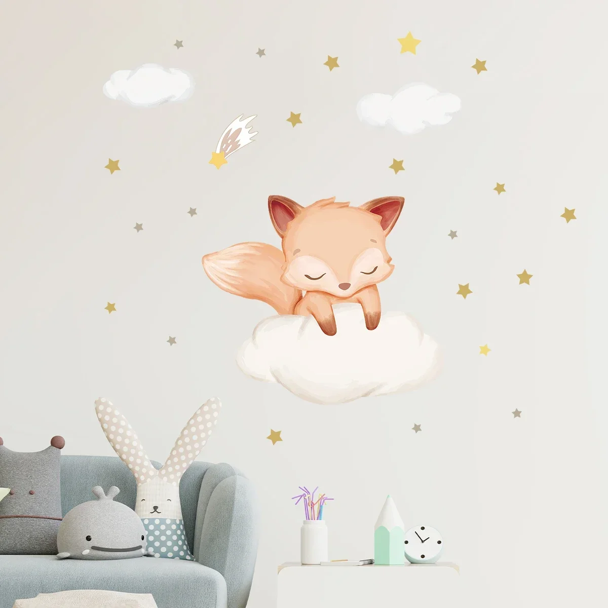 Cartoon Cute Sleeping Fox on The Cloud Animal Wall Stickers Removable for Bedroom Living Room Nursery Decoration Wall Decals