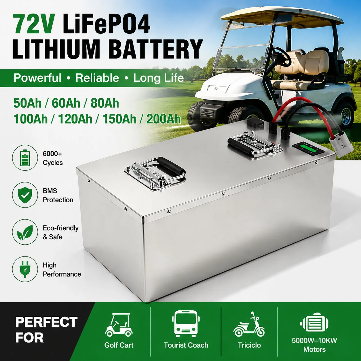 

EM 72V 100AH 200AH 50Ah 60AH 80AH 120AH 150Ah LifePo4 Lithium Battery for 5000W 8000W 10KW Golf Cart Tourist Coach triciclo
