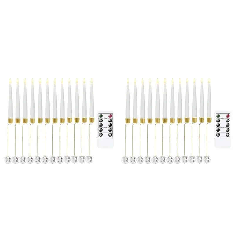 24Pcs Flickering Remote 0.5In X 6In LED Short Taper Candles With 12 Crystal Ball Hooks,Flameless Warm Light Candlesticks