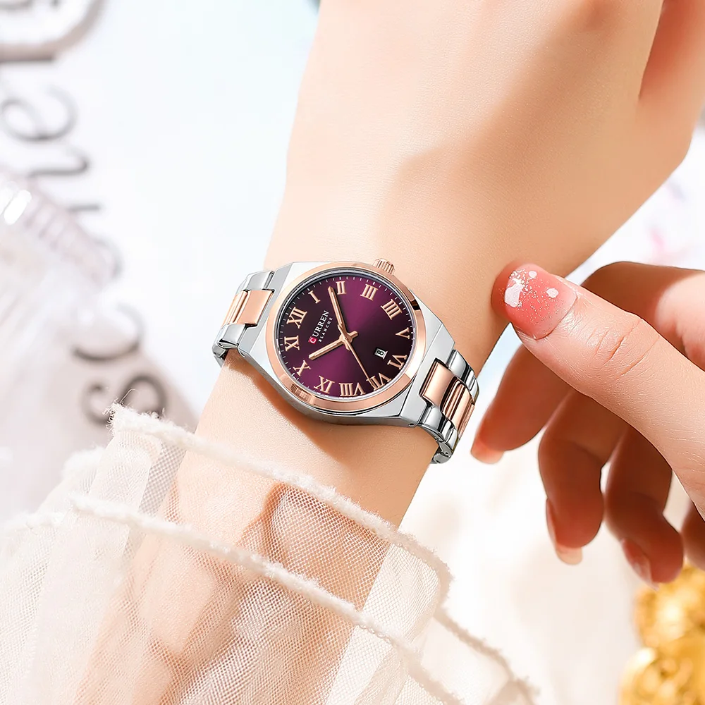 Relojes CURREN de cuarzo a la moda para mujer, números romanos, reloj de pulsera sencillo y elegante de acero inoxidable para mujer