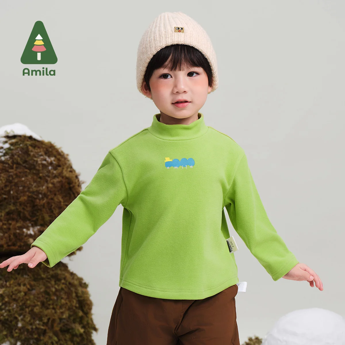 Amila Baby T-Shirt 2024 Winter New Style For Boys And Girls Solid Color Double Sided German Velvet Warm Children\'s Long Sleeves