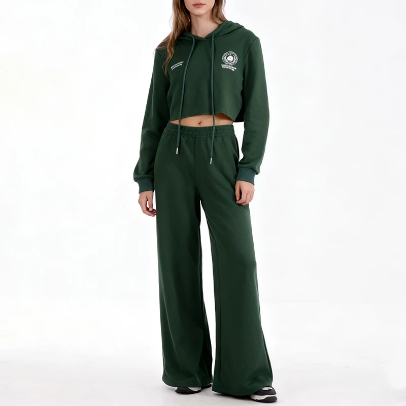 

Casual Sports Print Two Piece Sets Women Long Sleeve Crop Pullover Hoodie Sweatshirts High Wasit Wide-leg Pants Streetwear Suits