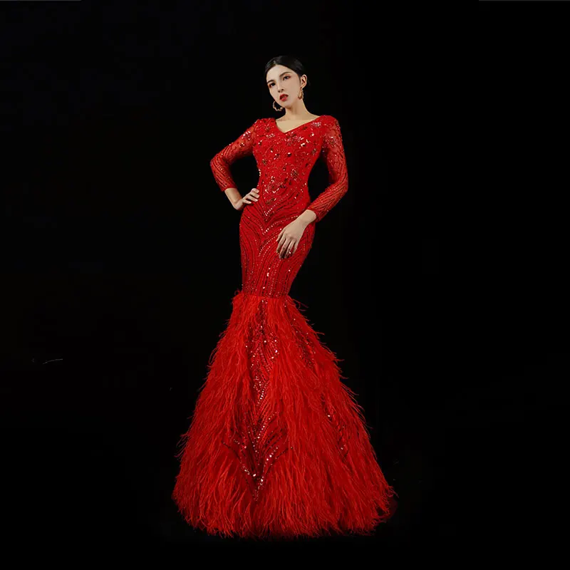 Bai Sha Customized Dress Ostrich Hair Design Handmade Beaded Slim Fit Hip Prom Evening Dress Mermaid Gown Women H1306