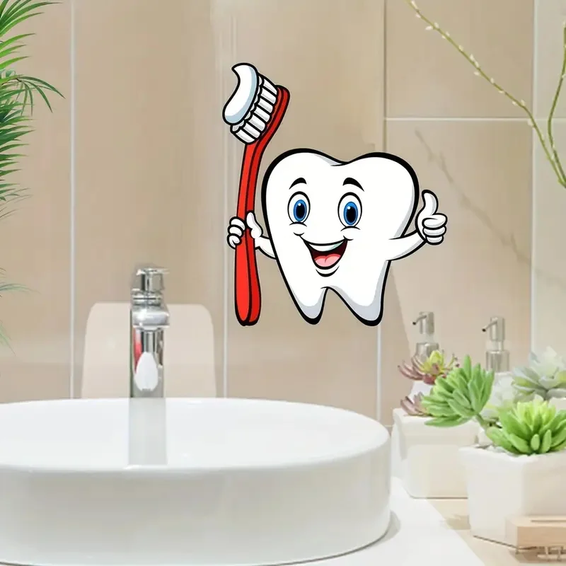 Cartoon Tooth & Toothbrush Wall Decal  Self-Adhesive for Bathroom Shower Room Decor, Creative Art Wallp Pape