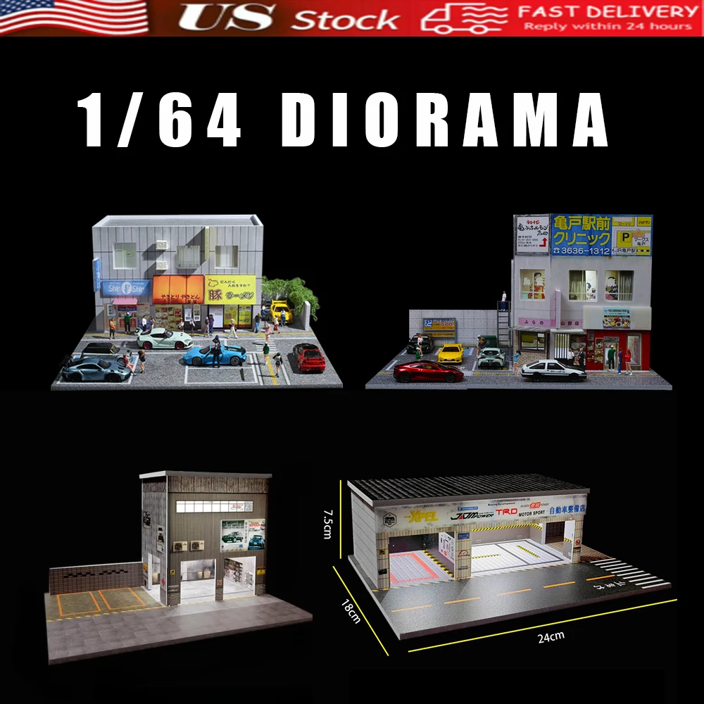 

Диорама 1/64 Автостоянка со светодиодной подсветкой Модель японского коммерческого здания Модель сцены