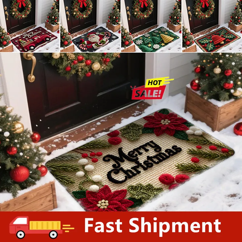 

Christmas Print Welcome Doormat Non Slip Bath Mat Indoor Floor Rug Crystal Velvet Floor Mat Bedroom Kitchen Area Rug Home New