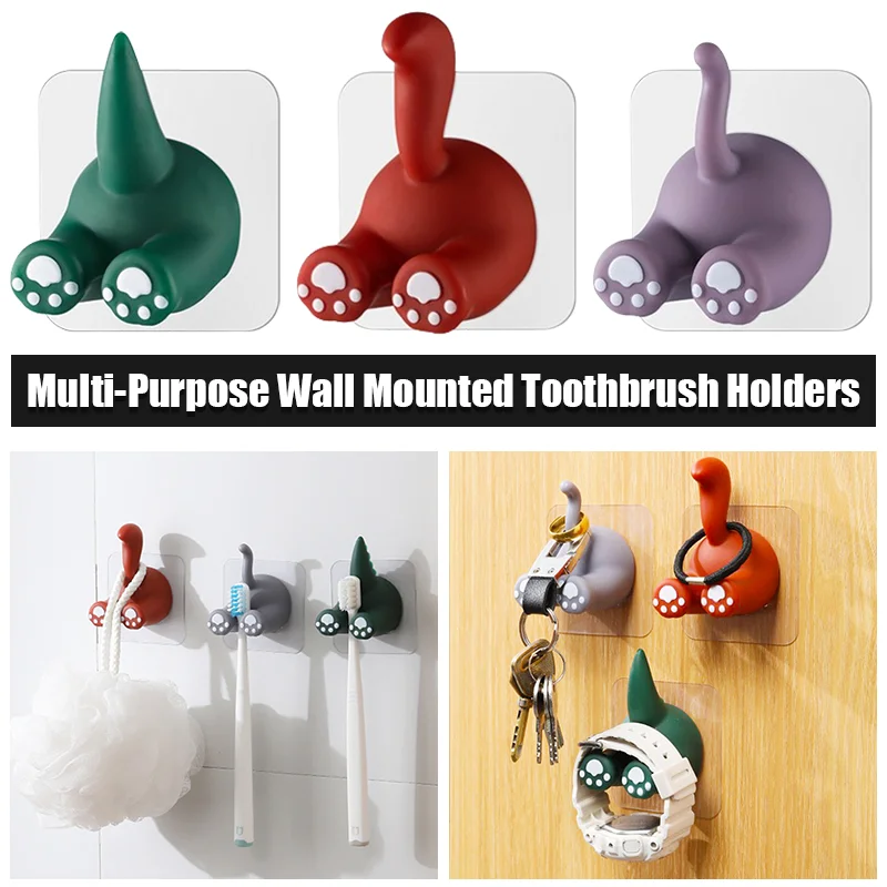 Wall Mounted Toothbrush Holders Multi-Purpose Animal Tail Hooks Cute Kitchen Bathroom Storage Rack Cable Holder Organizer