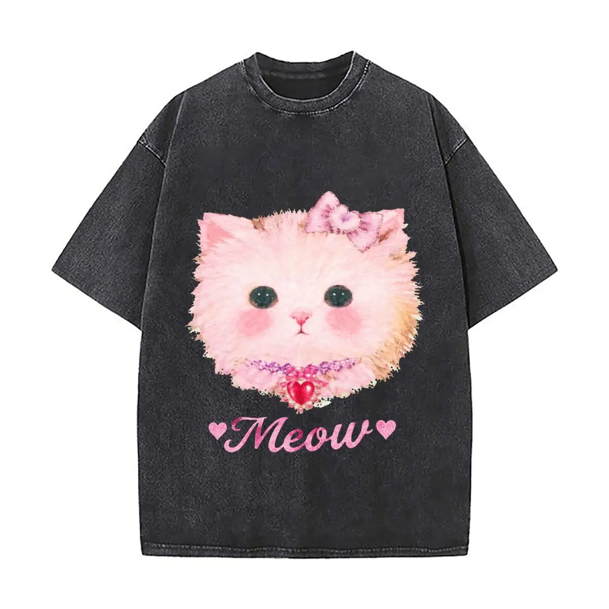 Pink Kawaii Cat Bow Heart Meow Washed Vintage Short Sleeve Loose Streetwear Tee