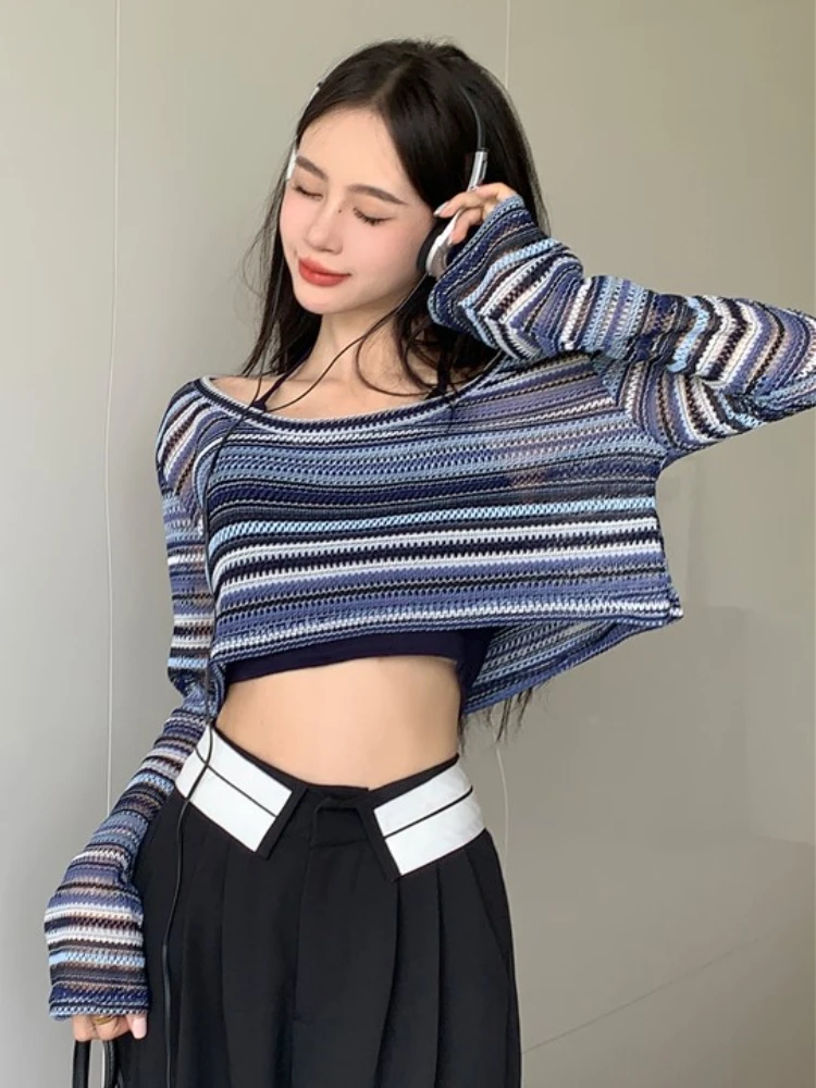 Striped Sun-proof T-shirts Women Spring Sexy Hot Ladies Crop Tops Design Fashion Korean Style Casual All-match Thin Street Wear