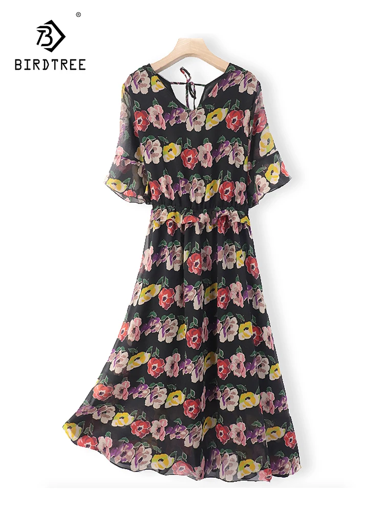 BirdTree-vestido de fiesta de seda Real para mujer, ropa elegante con manga de mosca, estampado, línea A, primavera y verano, D41687QC, 2024