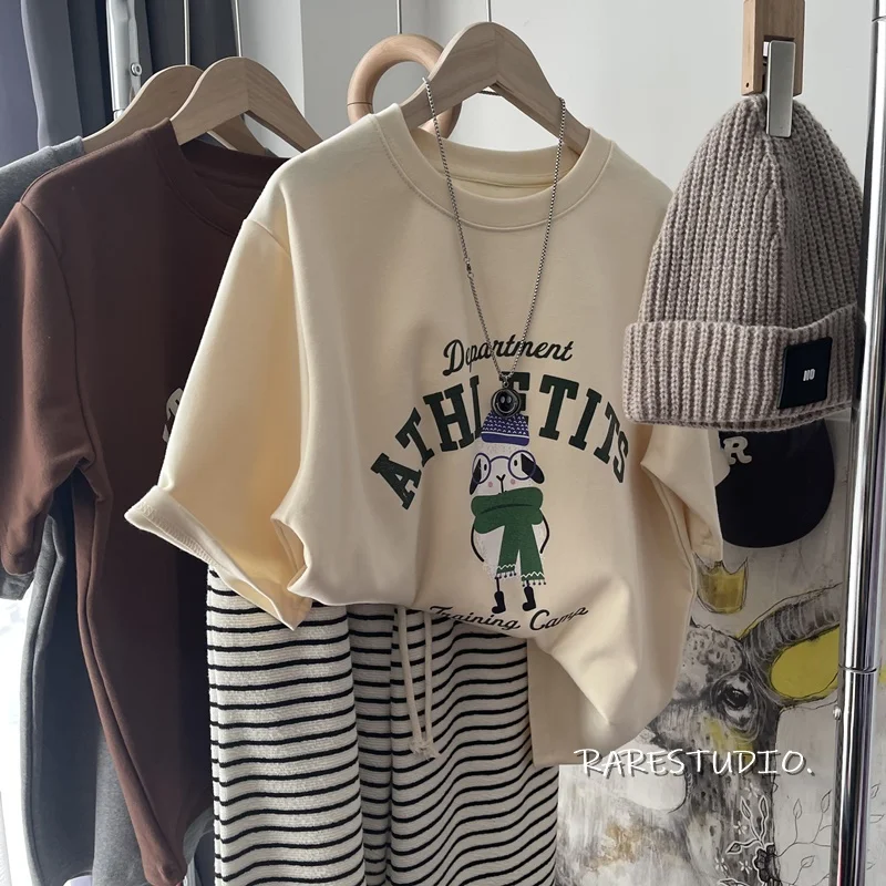 

Retro Chic Hong Kong Sle Cartoon Pure Cotton ort Sve Women's T-irt Summer Design Oversize f Sve Top