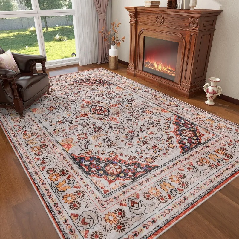 

Washable Area Rugs for Living Room, Red Vintage Floral Distressed Rugs, Low Pile Indoor Oriental Carpets