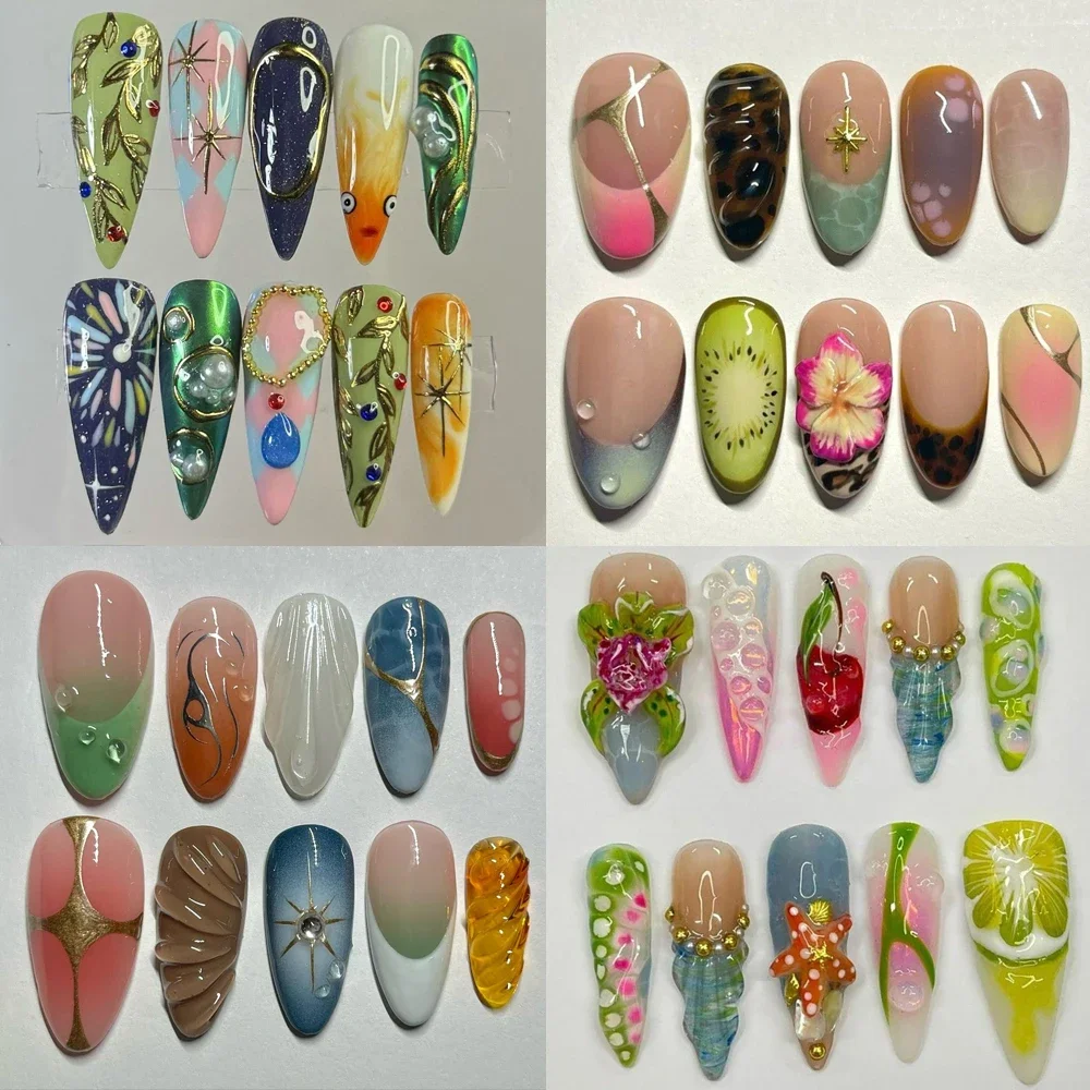 

Ballerina Short Almond Portable Press On Fake Nail Art Handwork High Quality 3D Flowers Metal Line Customizable Nail Girl Gift