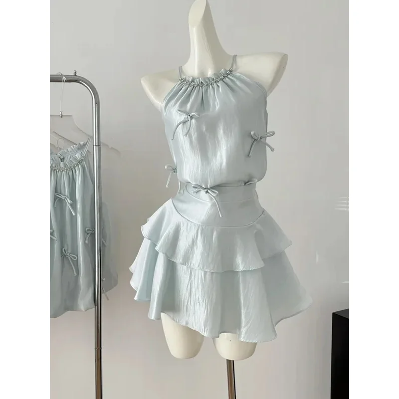 

Summer Women Old Money Vacation Korean Rave Gyaru Coquette Birthday 2000s Outfits 2 Piece Set Tank Top + Hot Mini Ruffle Skirt