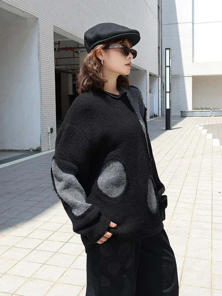 XITAO Knitting Contrast Color Loose Pullovers O-neck Long Sleeve All Match Slimming Casual Sweaters 2024 Autumn Fashion LJ1093