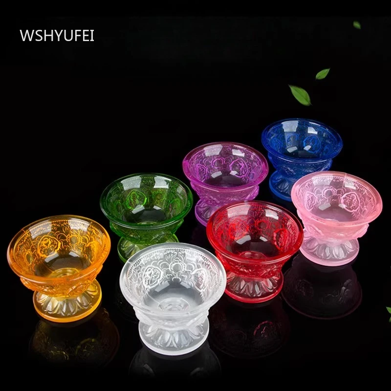 

7 шт., тибетская чашка для подачи воды, имитация кристаллов, красочная стеклянная чаша для очистки воды, украшение для чашки с святой водой