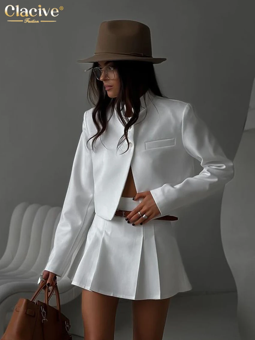 Clacive Fashion Slim White Office 2 Piece Set Women Outfit 2024 Elegant Long Sleeve Shirt With High Waist Mini Skirts Set Female