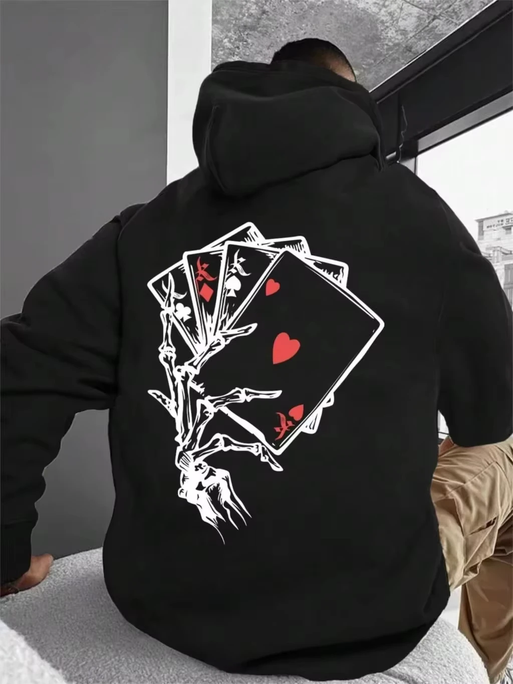 Playing Card Printing Hoodie For Men Kangaroo Pocket Pullovers Loose Fleece Warm Sweatshirts Autumn Casual Clothes Fashion Tops