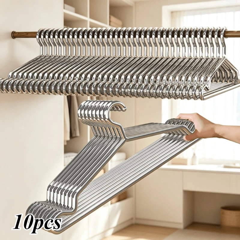 10 PCS/Set Polished Stainless Steel Hangers with Anti Scratch and Anti Slip Shoulder Grooves for Long-Lasting Clothing Support
