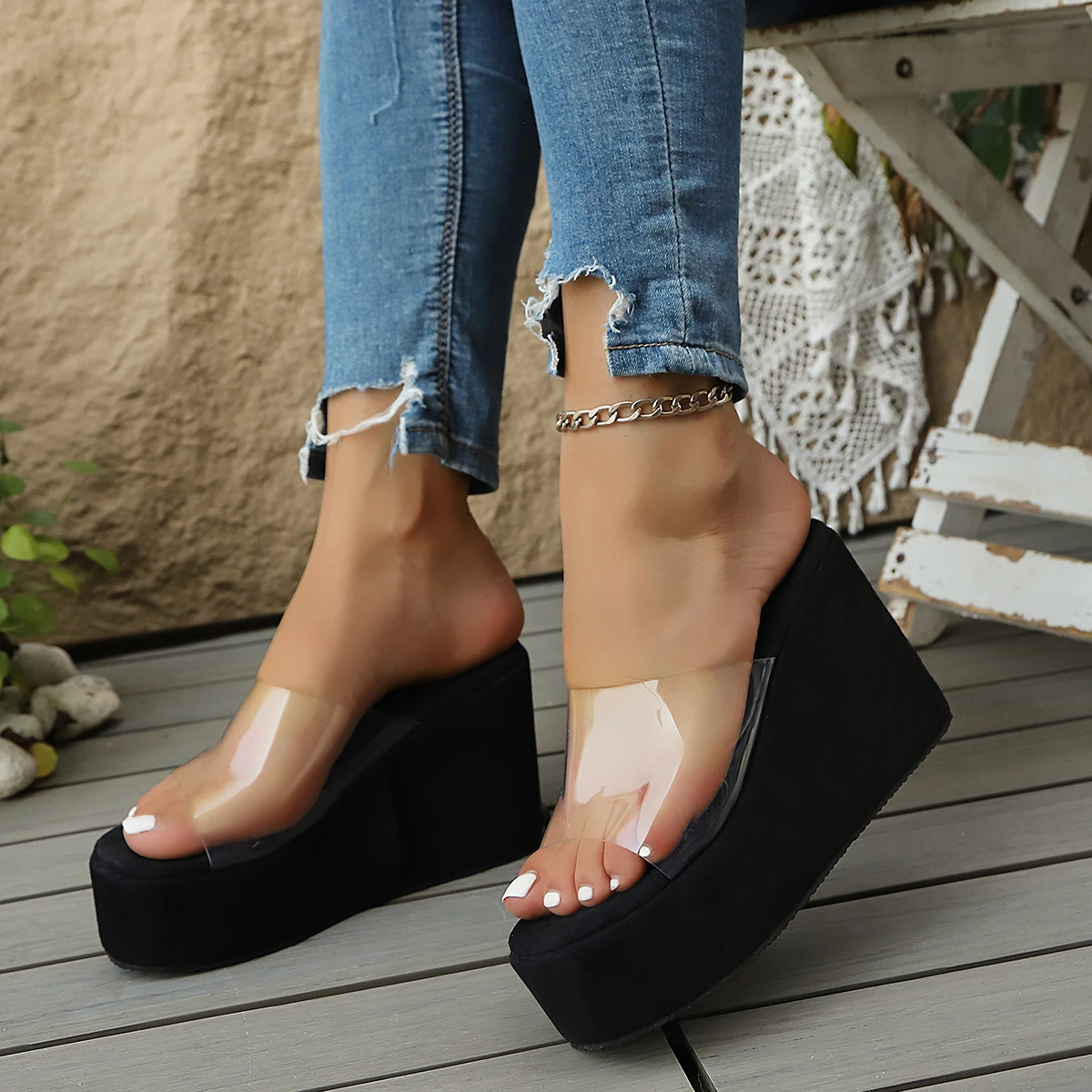 Plain & Leopard Print Women Transparent Strap High Wedge Slides Anti Slip Summer Travel Beach Platform Slipper Sandals view 4