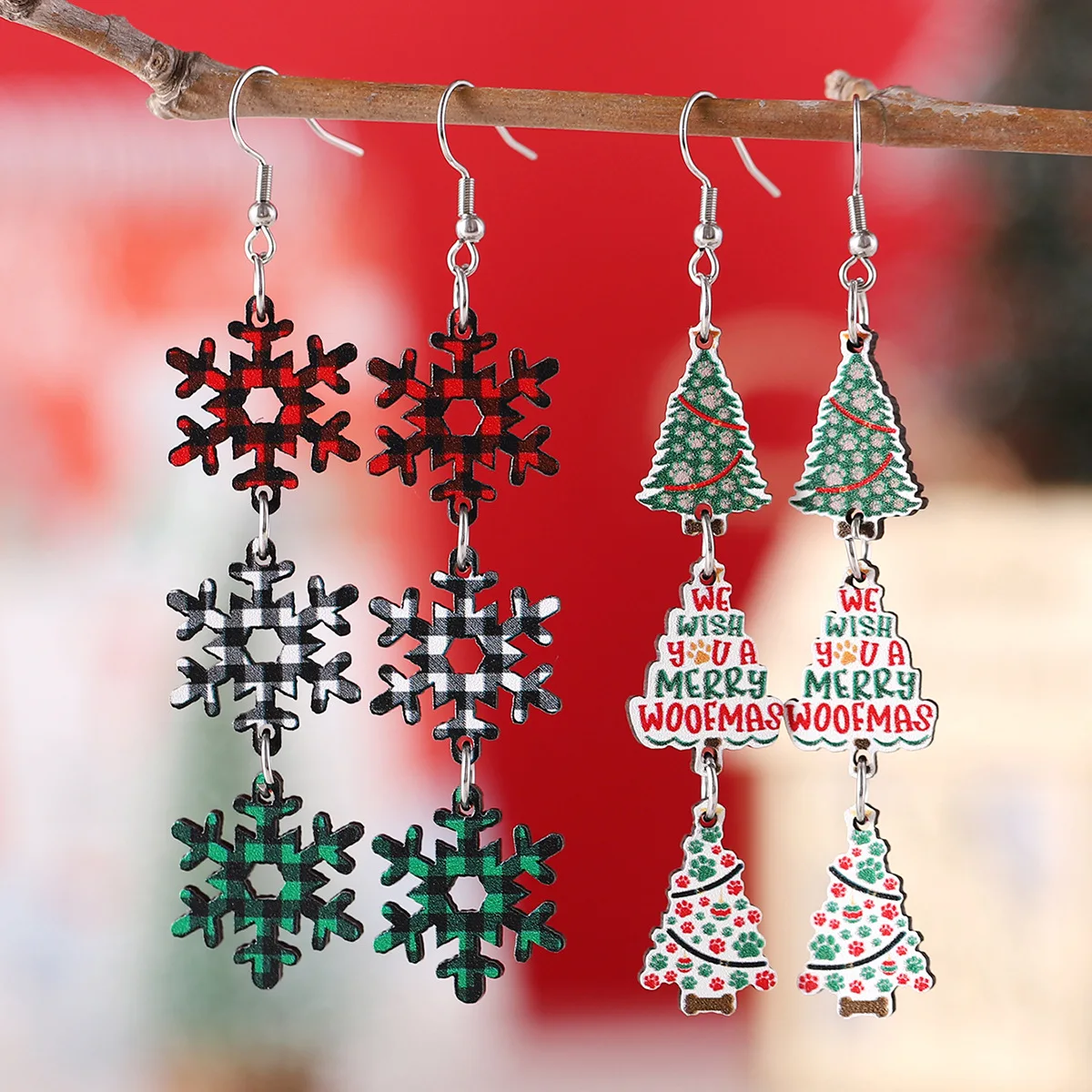 new Christmas colorful dog paw Christmas tree plaid snowflake triple pendant earrings wooden double-sided earrings