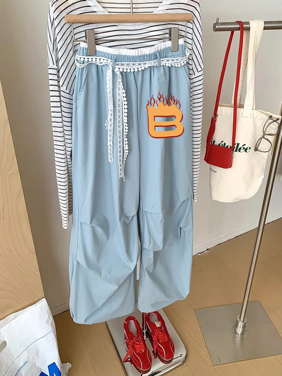 

Американские повседневные брюки унисекс в стиле High Street с синим кружевом, летние, ретро, с высокой талией, свободные, широкие штанины, повседневные брюки