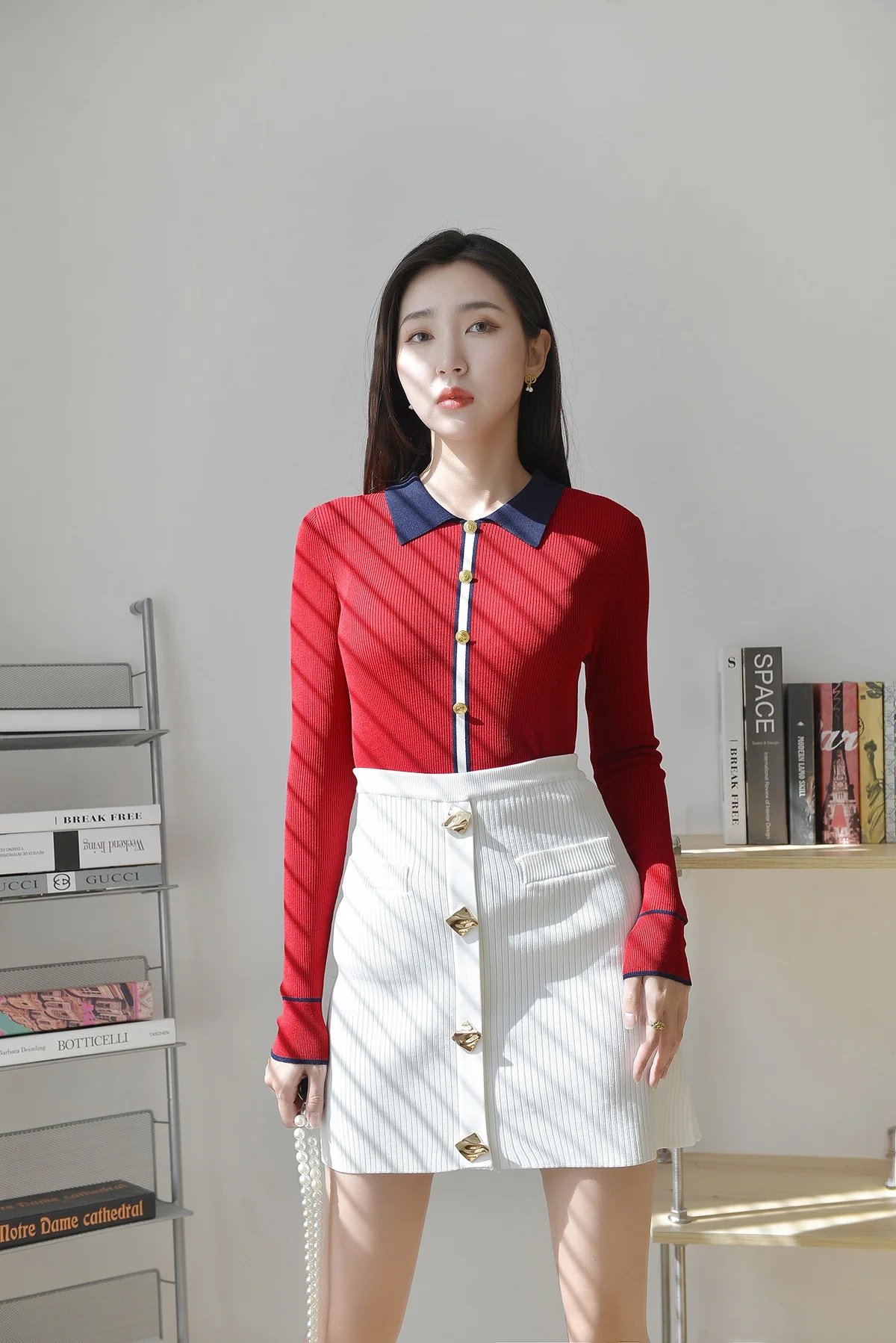 Ele Red High-End-Version Long Sve Umlegekragen Single Button Strickpullover Slim Fit Damen Faion Winter Top