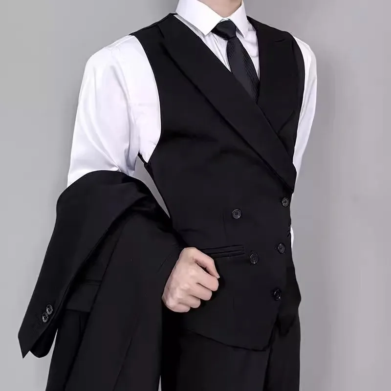 KIDWHXR Man Waistcoat Vintgae Slim Turn Down Collar Male Suit Vest Simple Double-breasted Breathable Casual Versatile Men Vest