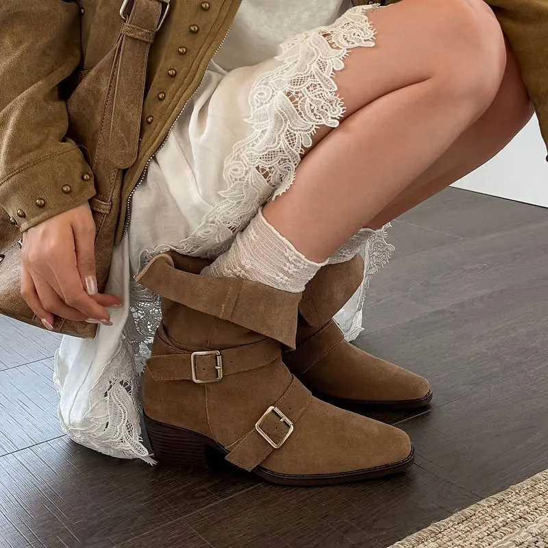 2026 new autumn winter women ankle boots natural leather 22-26cm cow suede+microfiber+pigskin/plush buckle women short boots
