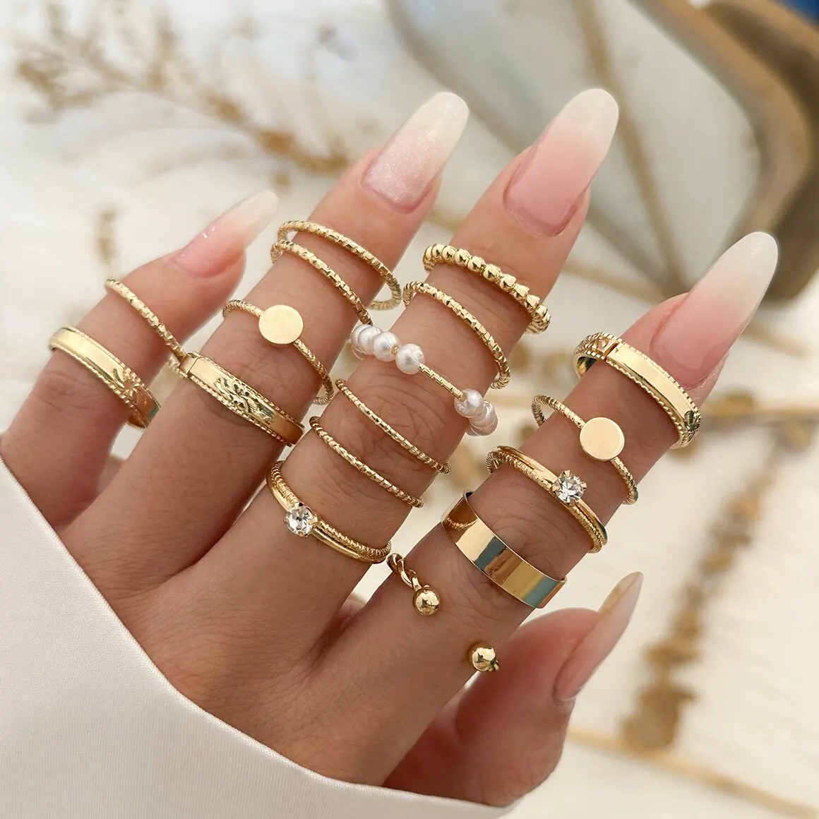 16Pcs/Set Vintage Gold Color Zircon Rhinestone Rings Set for Women Wed Bridal Boho Geometric Rings Jewelry Gift Y2K Accessories