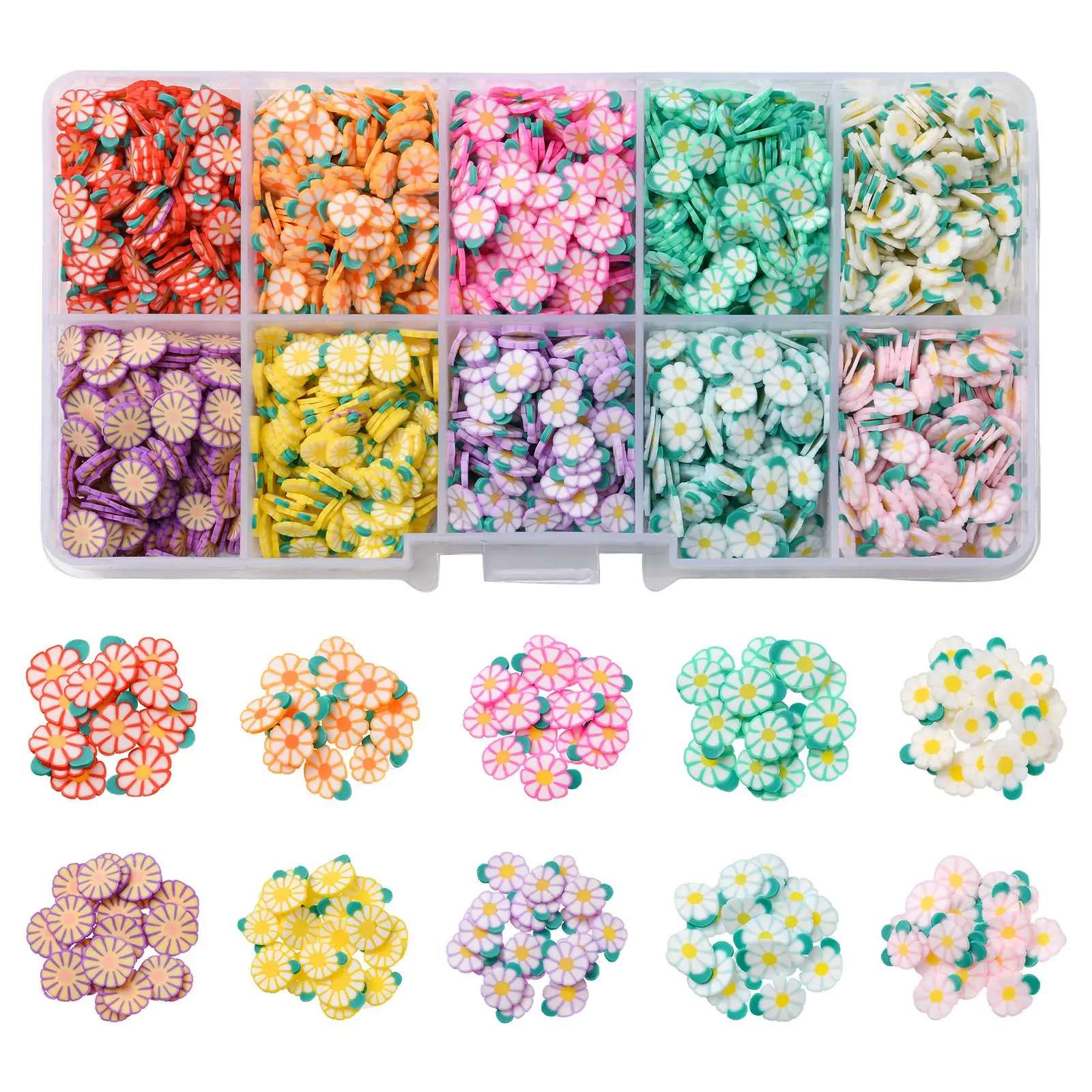 

Approx 2500Pcs 10 Styles Polymer Clay Daisy Cabochons Colorful Lovely Floral Clay Slices for DIY Nail Supplies Jewelry Making