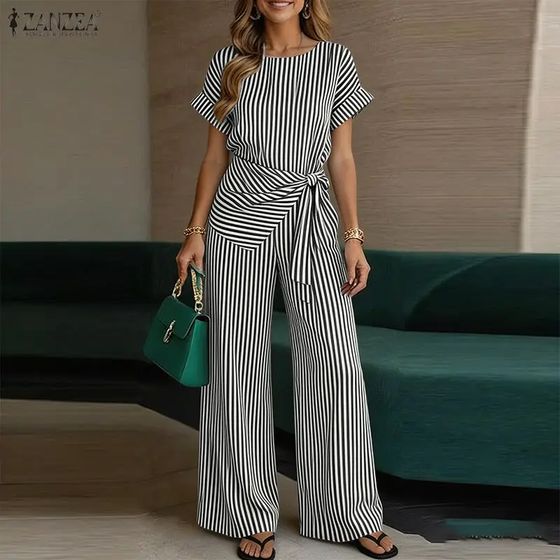 Fashion Women Outfits ZANZEA Summer 2PCS O Neck Short Sleeve Blouse Wide Leg Pant Sets Striped Work Tracksuit 2 Pieces Sets 2026