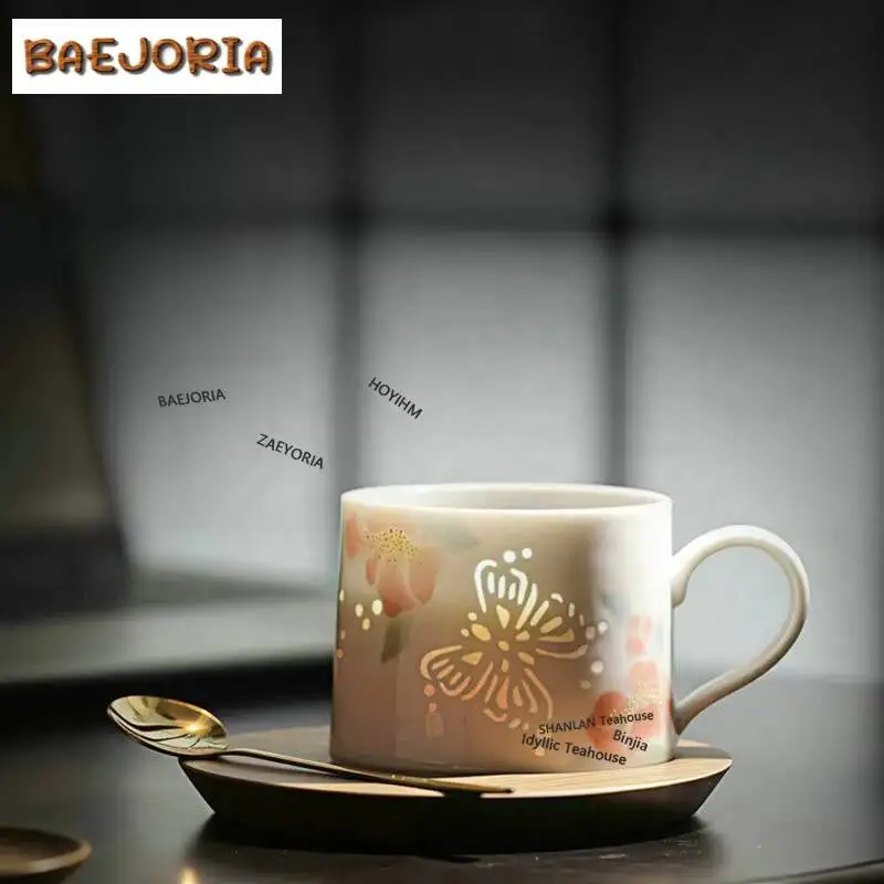 200ml White Porcelain Exquisite Butterfly Coffee Mug With Plate Couple Handgrip Cups Afternoon Tea Mug Cup Saucer Kit Drinkware