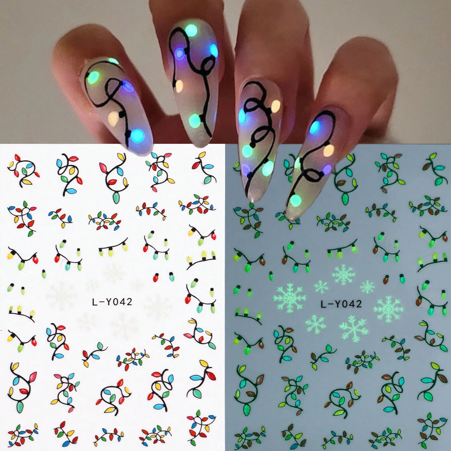1 Stück leuchtende Laterne Schneeflocke Weihnachten Nail Art Aufkleber Y2K farbige Glühbirnen leuchten im Dunkeln Party Urlaub Maniküre DIY
