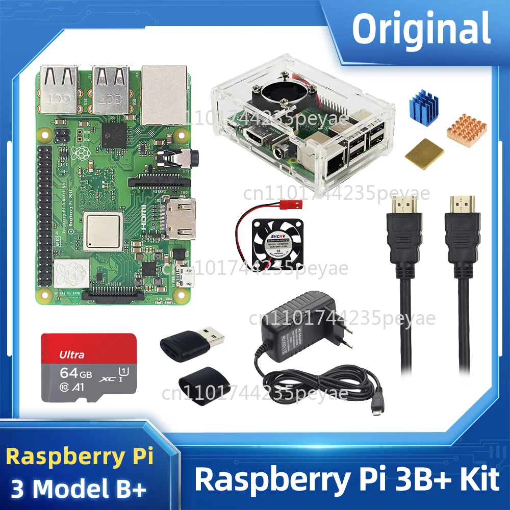 Original Raspberry Pi 3 Model B+ Kit + Acrylic Case + Power Adapter + Heatsink Optional 32 64 128 GB SD Card for Pi 3B+