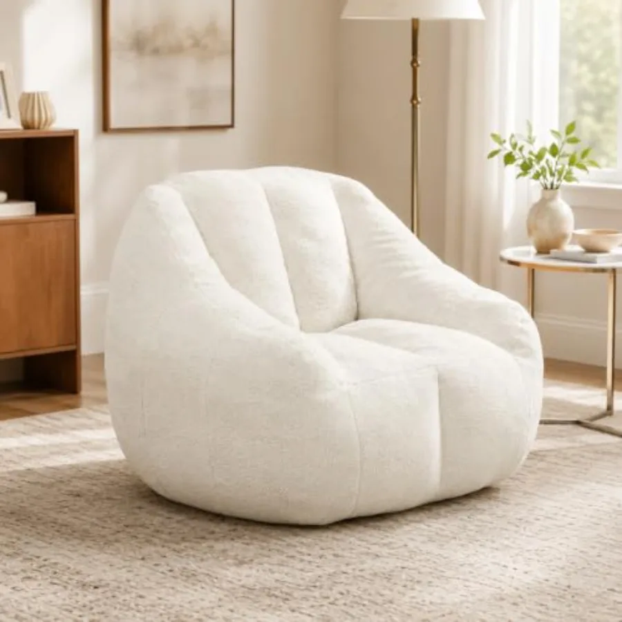 Large Bean Bag Chair for living room, teddy fabric in beige, ultra-soft plush texture and high-resilience foam filling