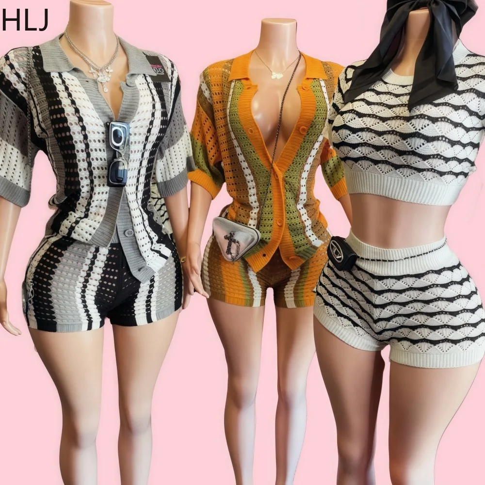 

HLJ Sexy Knit Striped Two Piece Set for Woman Hollow Out See Through Button Top and Shorts Outfits Female Beachwear Clothing New