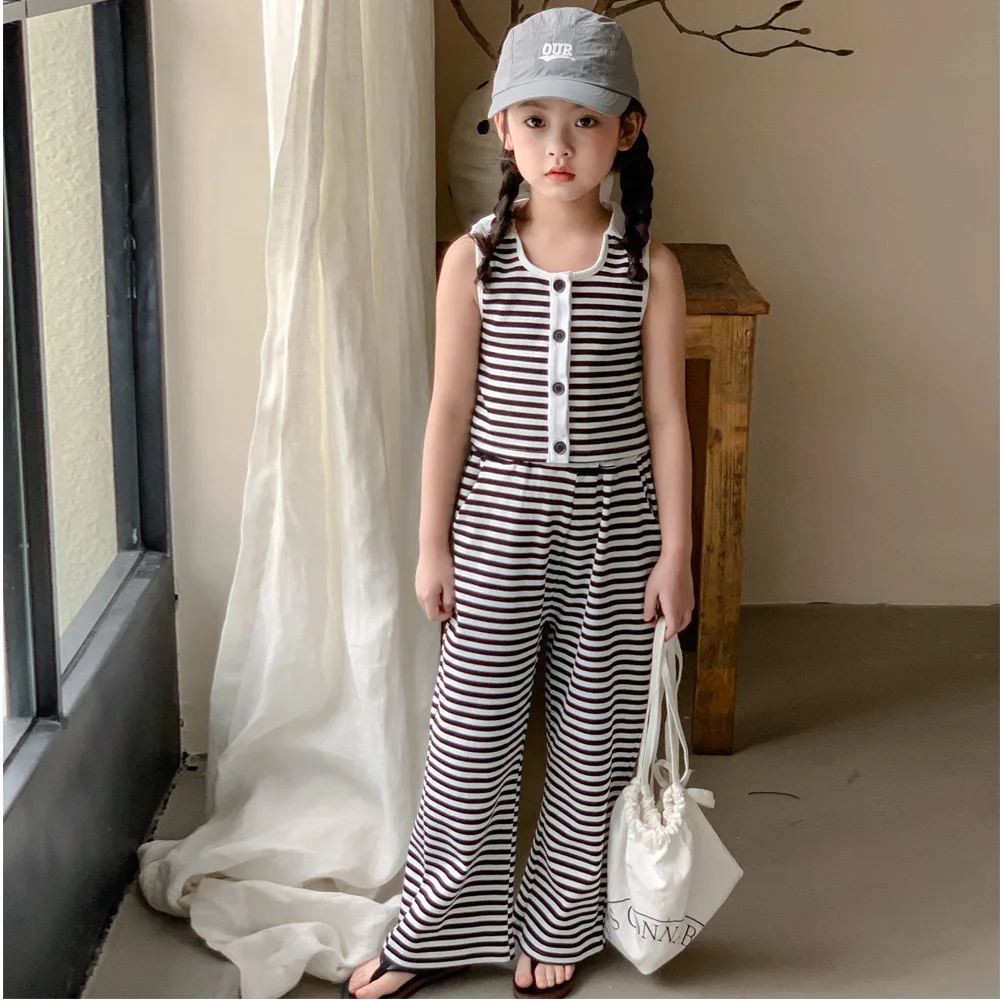 

Girls Set 2024 Summer Womens Treasure Sleeveless Striped T-shirt Pants Set Womens Treasure Trendy Two Piece Set