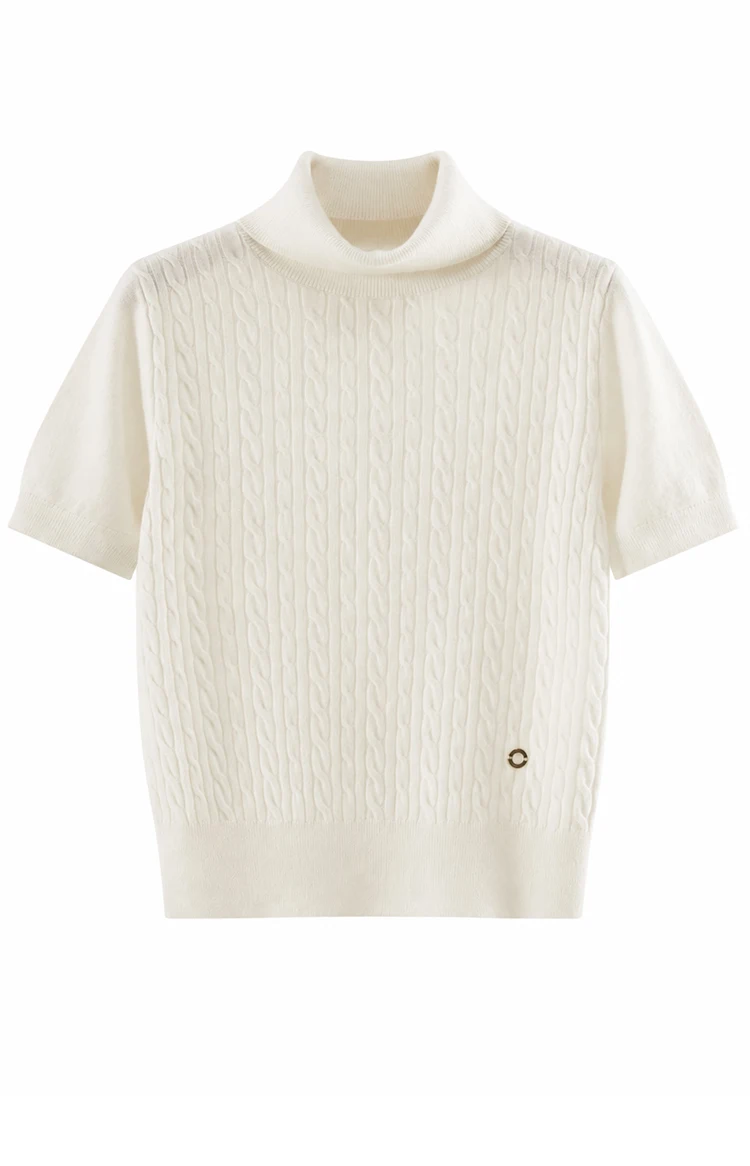 TH662122 Damen Rollkragenpullover mit Zopfmuster, Kurzarm, 100% Kaschmir, Gerippter Saum, Gemütlich, Lässig-Schick, Frühherbst – Detail 14