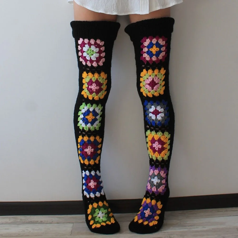 Handmade Flower Crochet Knee Knit Socks Women's Solid Leg Warmers Winter Thigh Over The Knee Long Stacked Socks Wool Hosiery