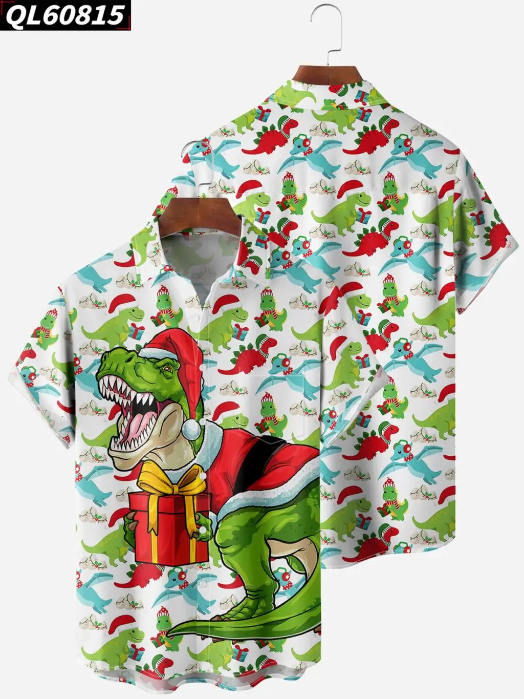 Camisa hawaiana de alta calidad para hombre, camisa informal con estampado de dinosaurio de dibujos animados y Navidad, Tops elegantes a la moda para fiesta de verano