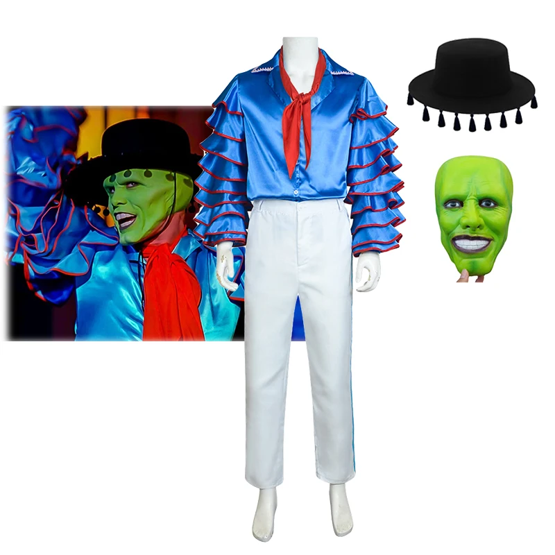Máscara de película Jim Carrey, Disfraces de Cosplay, traje azul Stanley, conjunto de máscara para hombre, uniforme, disfraz de fiesta de Carnaval y Halloween, Disfraces