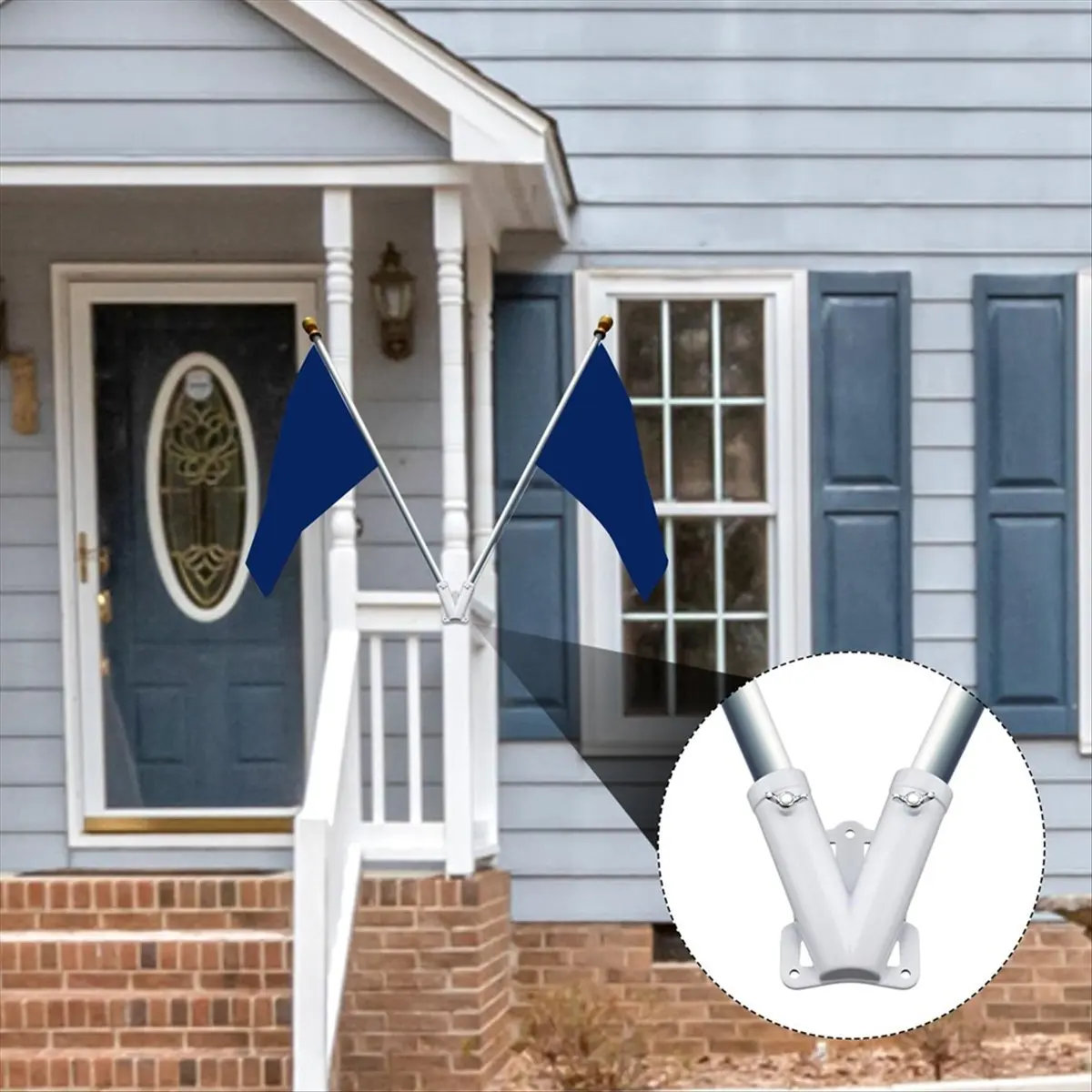 &A11I Double FlagPole Bracket Holder, V Shape Aluminum Alloy Flagpole Wall Mount Bracket Windproof Flag Bracket Mounting
