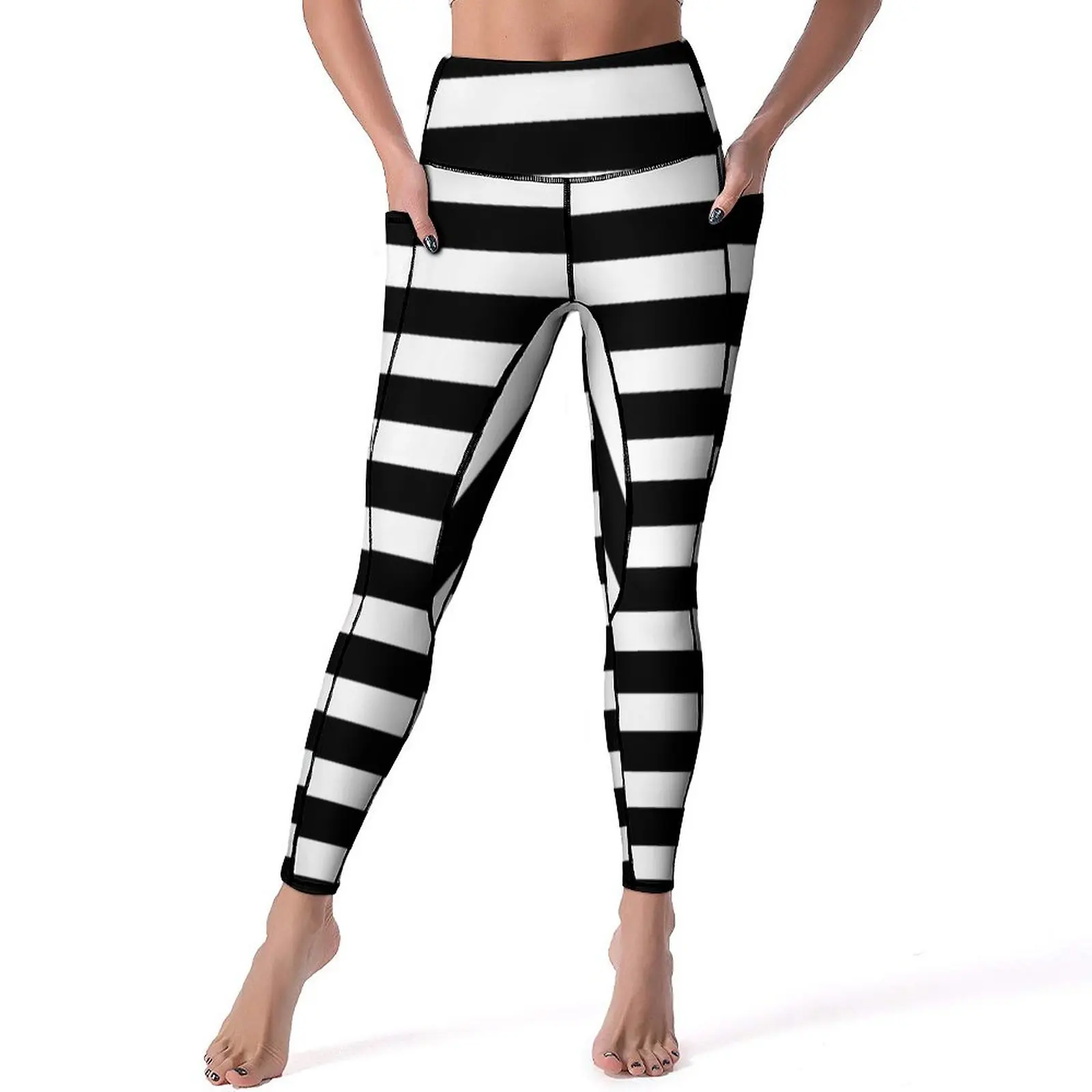 

Retro Striped Yoga Pants Black White Stripes Halloween Leggings Push Up Cute Yoga Legging Stretch Graphic Workout Sport Pants