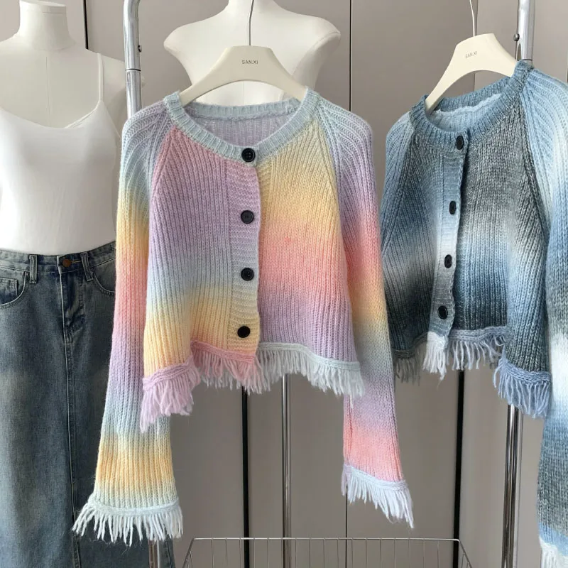 Tie Dye Women's Single Breasted Fringe Sweater 2023 Warm Fashion Sweater Knitted Street Loose Women New Tops