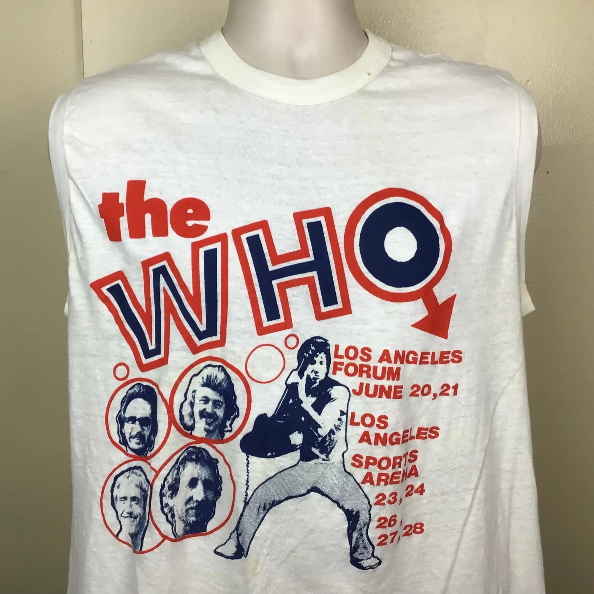 Vtg 1980 The Who Sleeveless Concert TShirt White L/XL 80s Classic Rock Band Los Angeles Cares