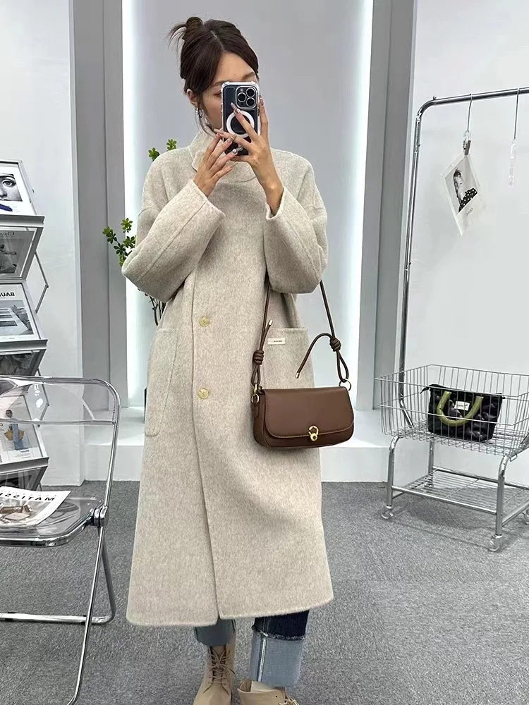 

Reversible Cashmere Coat for Women, Long Below the Knee, Monochrome Wool Outwear, Large Size, New Fashion, Autumn Winter, 2024