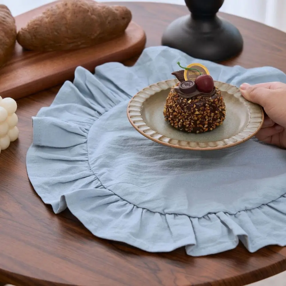 Multi-Purpose Solid Color Ruffled Placemats Round Cotton Cloth Napkins Rustic Placemat for Wedding Decoration Table Decor