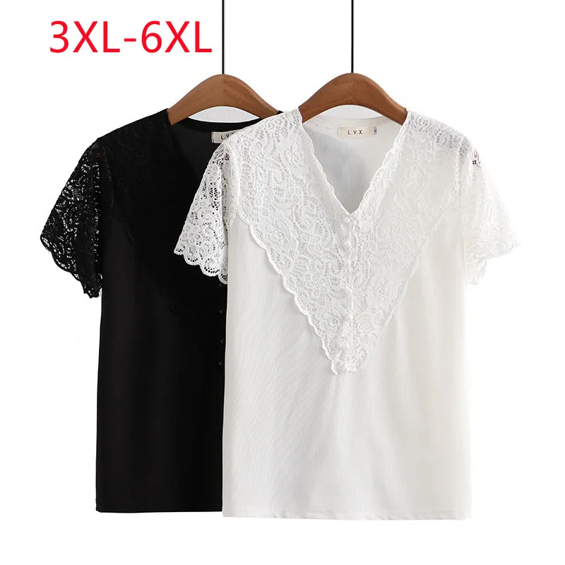 New 2023 Ladies Spring Summer Plus Size Tops For Women Large Size Short Sleeve V-neck Lace T-shirt 3XL 4XL 5XL 6XL